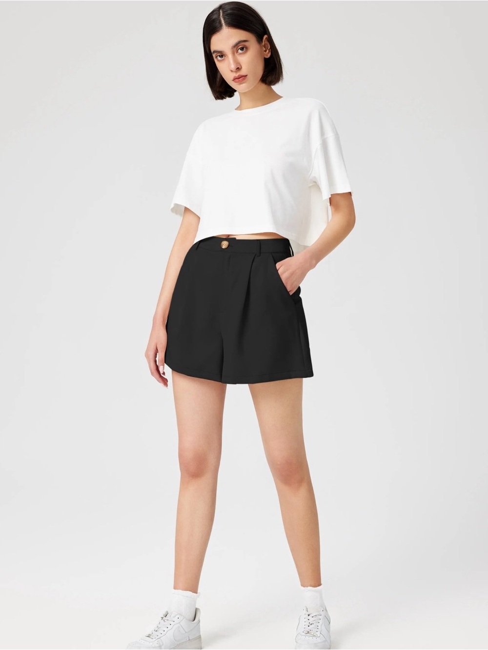 Cider Black High-Waist Pleated Tailored Shorts